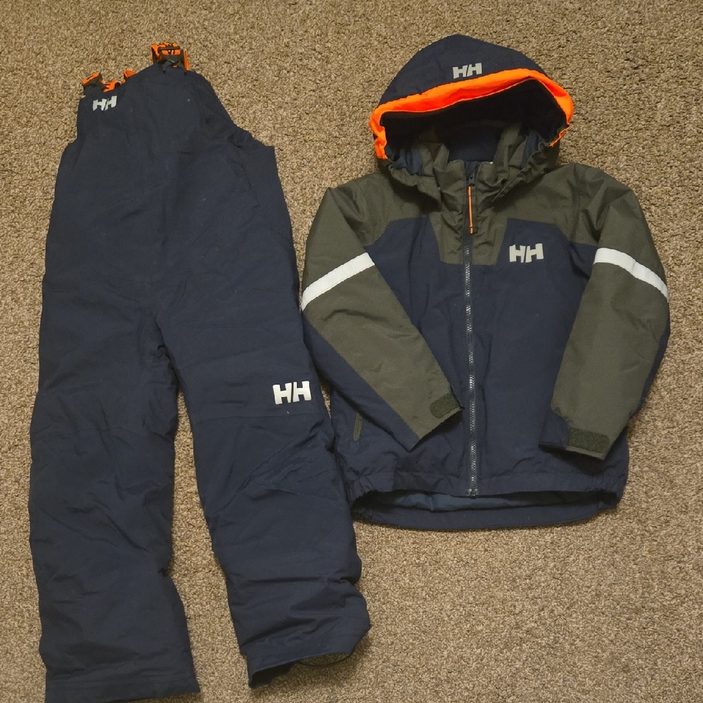 Helly Hansen Children's Navy and Olive Snowsuit with Orange Trim